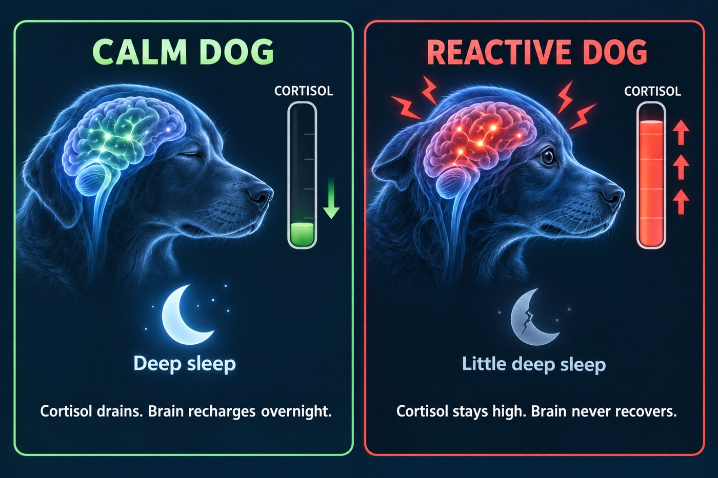 Calm dog vs reactive dog: cortisol and deep sleep
