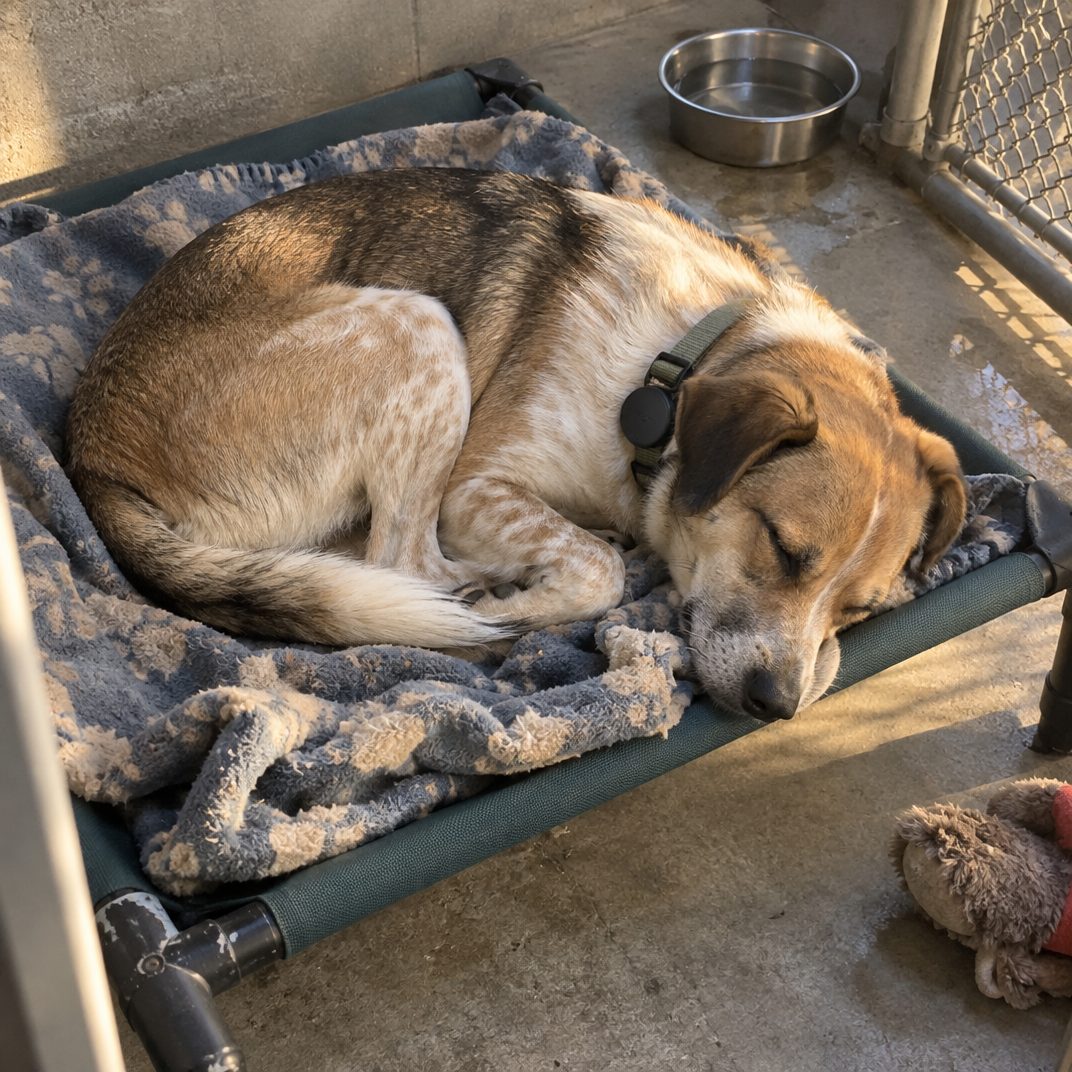 One of our dogs wearing a sleep tracker during the test.